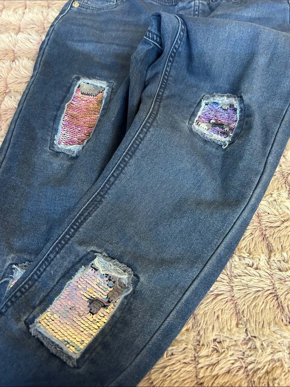 Justice Girls Dark Blue Skinny Jeans with Sequin Patch Details size 12